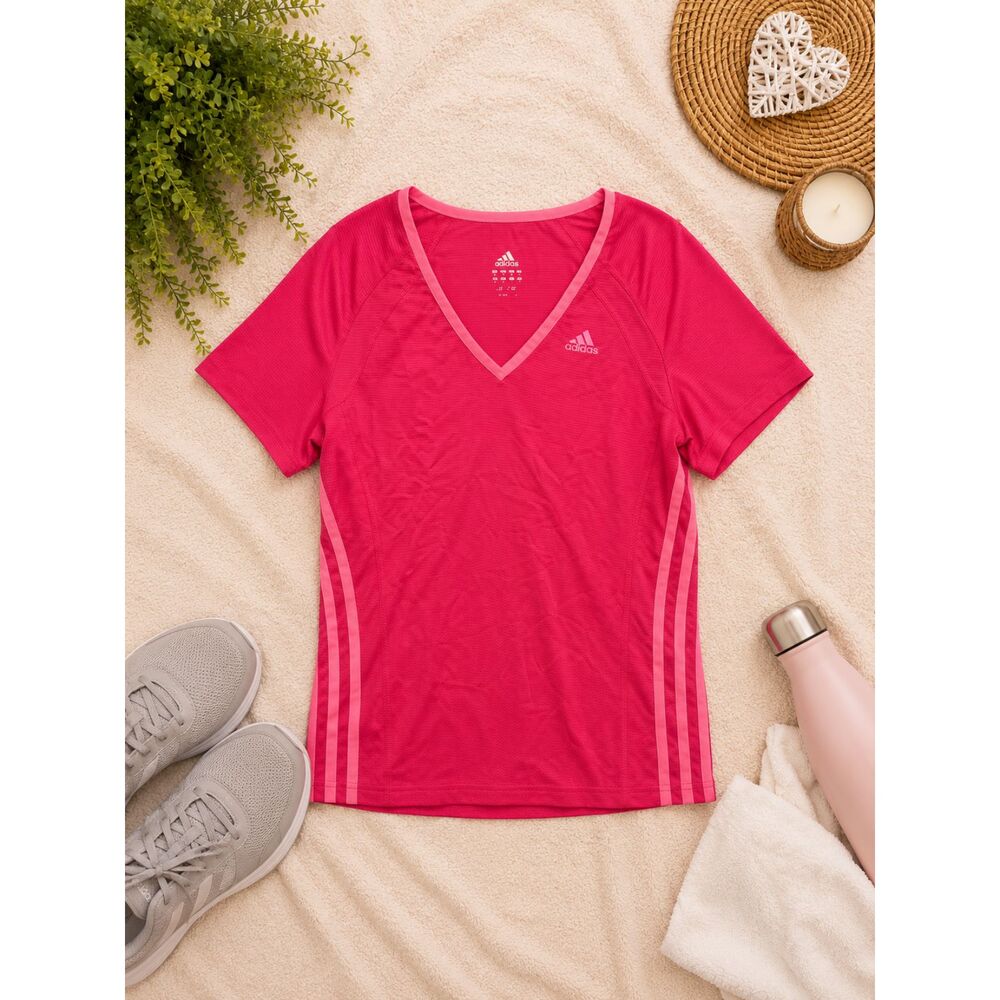 Adidas Pink Climalite Athletic Shirt Women’s Small V Neck 3 Stripe Y2K Workout